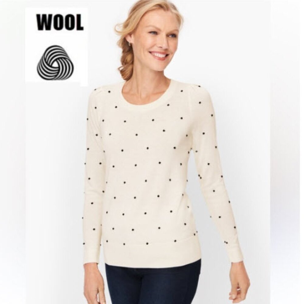Talbots Cream Wool Polka Dot Sweater Long Sleeve large Preppy Chic Cute Office